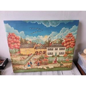 Vintage Bonnie white canvas print House scene horses cottagecore family hanging